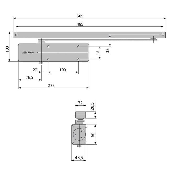 samozamykacz Assa Abloy DC135 z szyną ślizgową wymiary