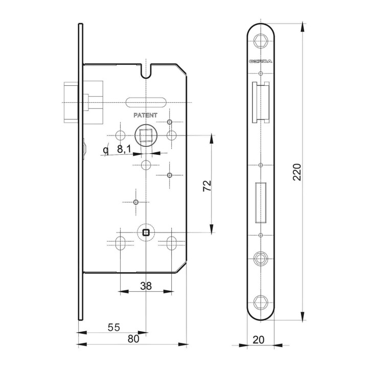 zamek Gerda ZW100 72/55 WC wymiary