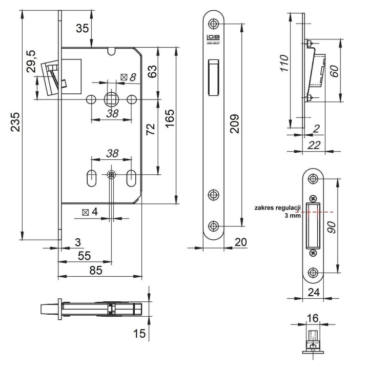 zamek magnetyczny Lob Z75MC 72/55 WC  wymiary