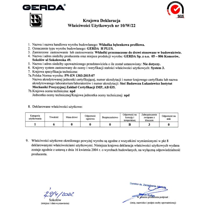 wkładka Gerda H Plus G30/40 z gałką nikiel