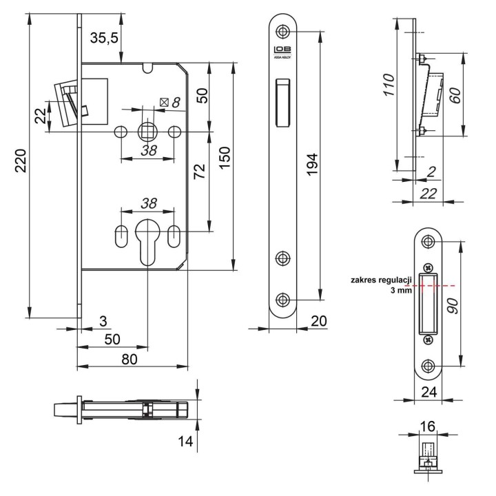 zamek magnetyczny Lob Z75MB 72/50 na wkładkę zaczep regulowany