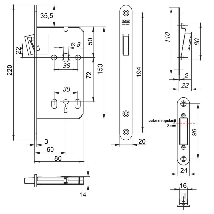 zamek magnetyczny Lob Z75MZ 72/50 na klucz zaczep regulowany