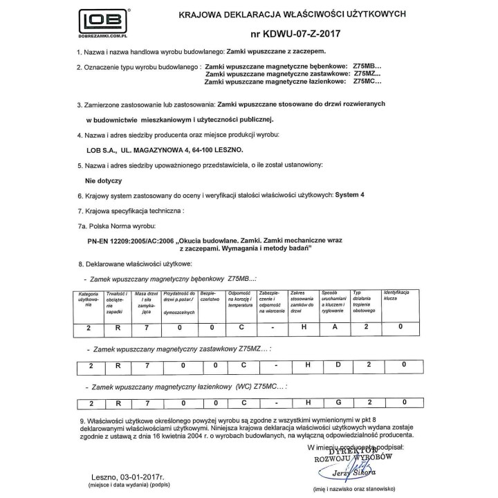 zamek magnetyczny Lob Z75MC 72/50 WC łazienkowy zaczep regulowany