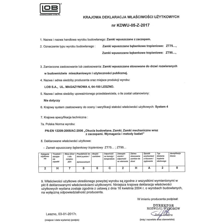 zamek trzpieniowy Lob ZT7514B - 72/50 na wkładkę ocynk żółty