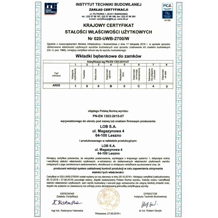 wkładka Lob Ares G30/35 z gałką mosiądz system jednego klucza