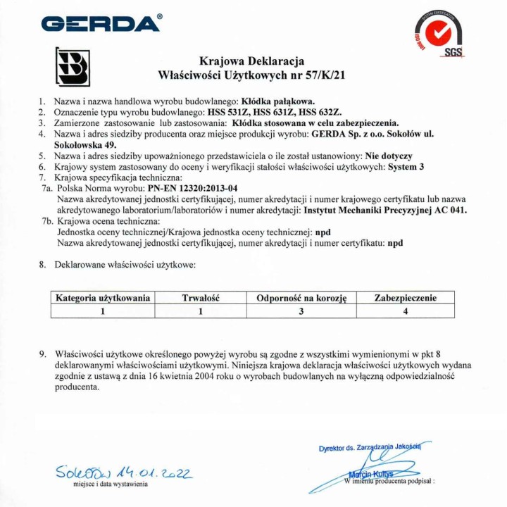 kłódka Gerda HSS 631 deklaracja