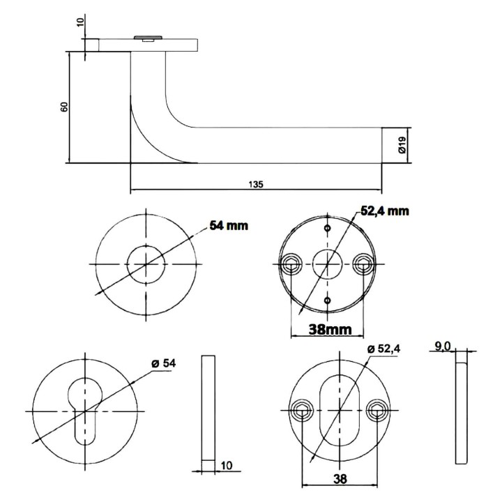 klamka KELOP U90R wymiary