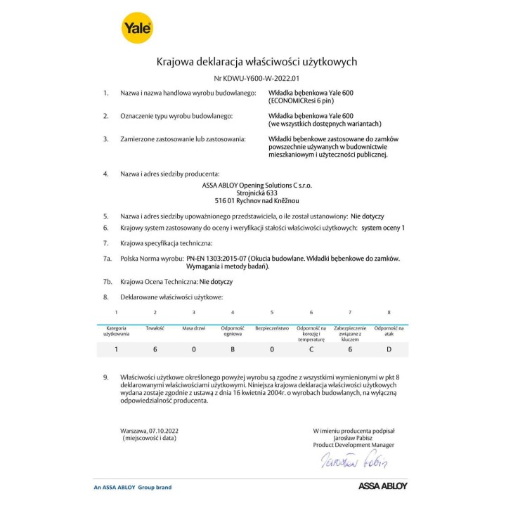 wkładka Yale Y600 55/55G z gałką satyna
