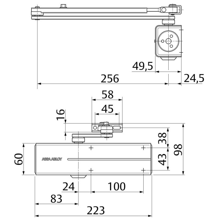 samozamykacz Assa Abloy DC300 z ramieniem L190 i płytką A120 srebrny